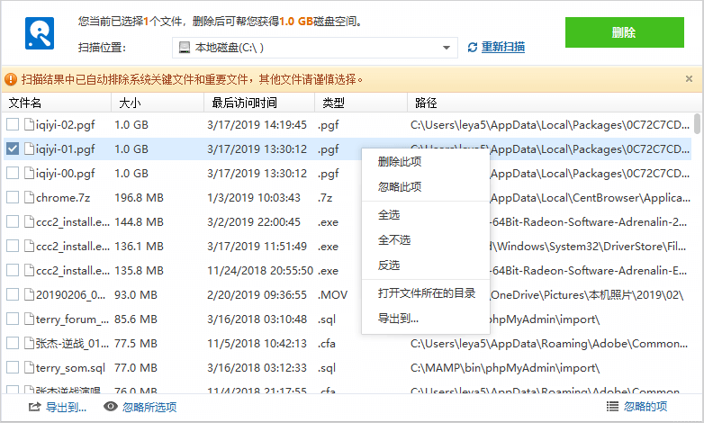Wise Care 365 大文件管理界面截图：按体积排序的文件列表
